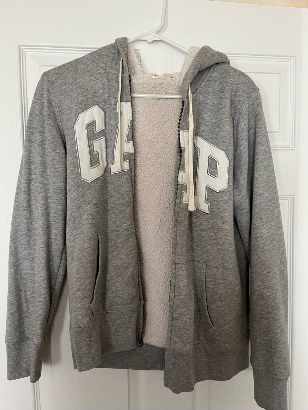 GAP Gray Sherpa-Lined Zip-Up Hoodie with White Lettering